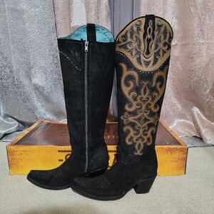 Corral Black and Tan Overlay Embroidered Leather & Suede Heeled Boots 8.5